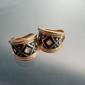 Vintage Burberry Clip On Earrings Golden Burberry Earrings Dark Green Filled